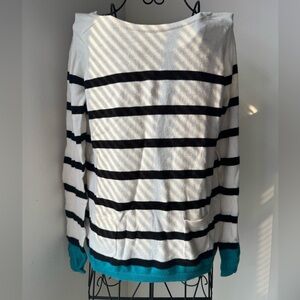 LOFT Black and White Crew Neck Sweater with Striped Design